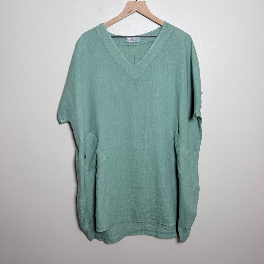 Tina Stephens Womens 100% Linen Tunic XL Green V-Neck Pockets Italy Lagenlook